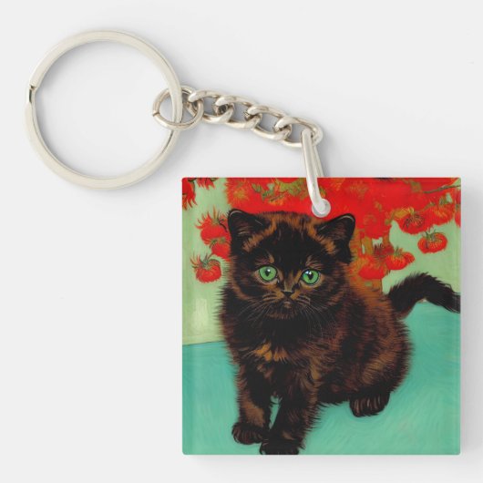 Van Gogh Zwart Kat Rood Bloemen Sleutelhanger (voorkant)