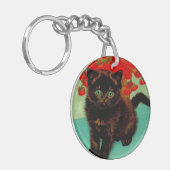 Van Gogh Zwart Kat Rood Bloemen Sleutelhanger (Voorkant Links)