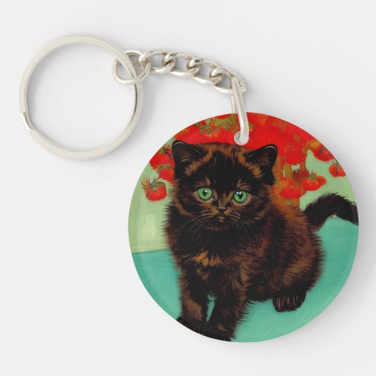Van Gogh Zwart Kat Rood Bloemen Sleutelhanger (Voorkant)