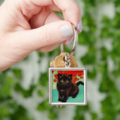 Van Gogh Zwart Kat Rood Bloemen Sleutelhanger (Hand)