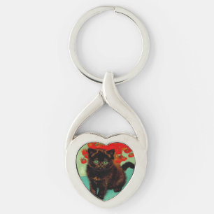 Van Gogh Zwart Kat Rood Bloemen Sleutelhanger