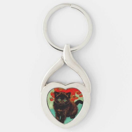 Van Gogh Zwart Kat Rood Bloemen Sleutelhanger (Voorkant)
