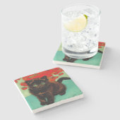 Van Gogh Zwart Kat Rood Bloemen Stenen Onderzetter (Zijkant)