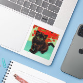 Van Gogh Zwart Kat Rood Bloemen Sticker (Laptop met iPhone)