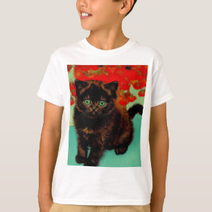 Van Gogh Zwart Kat Rood Bloemen T-shirt