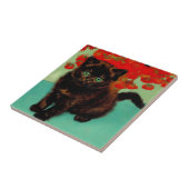 Van Gogh Zwart Kat Rood Bloemen Tegeltje (Zijkant)