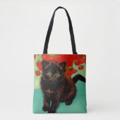 Van Gogh Zwart Kat Rood Bloemen Tote Bag (Voorkant)