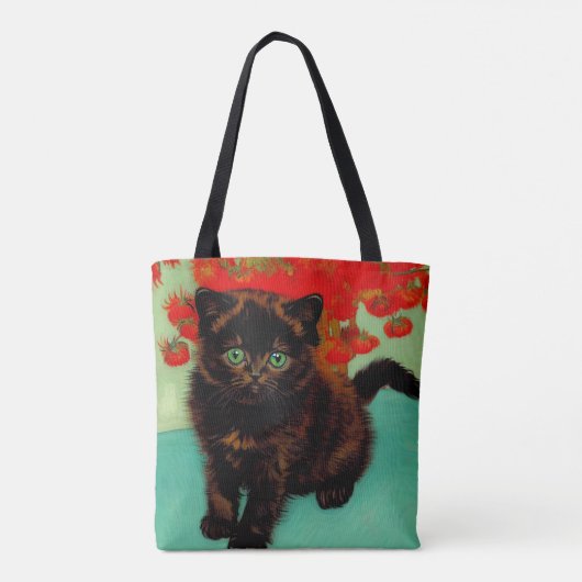 Van Gogh Zwart Kat Rood Bloemen Tote Bag (Achterkant)
