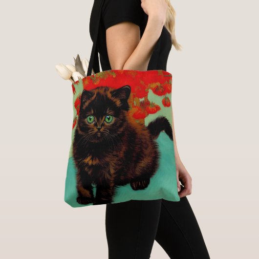 Van Gogh Zwart Kat Rood Bloemen Tote Bag (Dichtbij)
