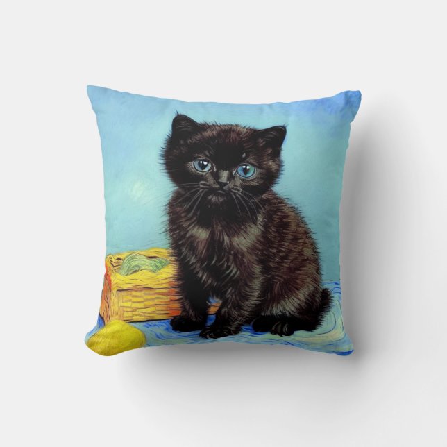 Van Gogh Zwart Kitten met garen Kussen (Voorkant)