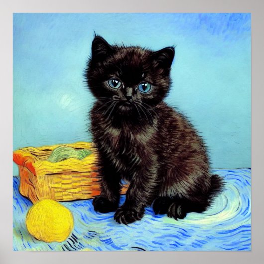Van Gogh Zwart Kitten met garen Poster (Voorkant)