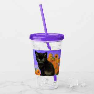 Van Gogh Zwart Kitten met Zonnebloemen Acryl Drinkbeker