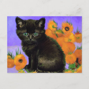 Van Gogh Zwart Kitten met Zonnebloemen Briefkaart