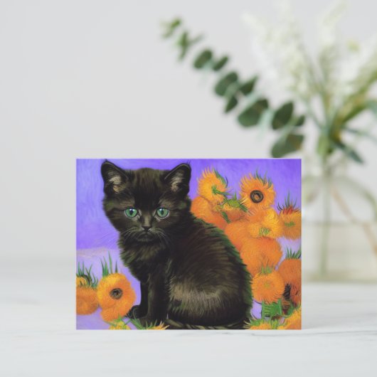 Van Gogh Zwart Kitten met Zonnebloemen Briefkaart (Staand voorkant)