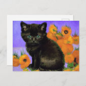 Van Gogh Zwart Kitten met Zonnebloemen Briefkaart (Voorkant / Achterkant)