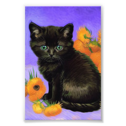 Van Gogh Zwart Kitten met Zonnebloemen Foto Afdruk (Voorkant)