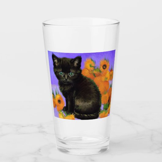 Van Gogh Zwart Kitten met Zonnebloemen Glas (Voorkant)