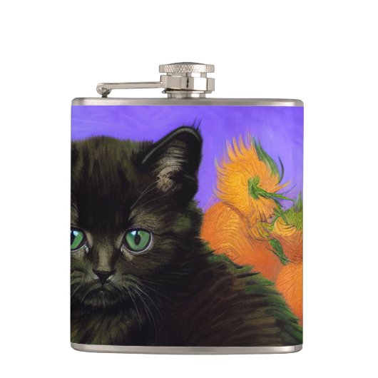 Van Gogh Zwart Kitten met Zonnebloemen Heupfles (Voorkant)