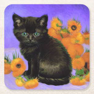 Van Gogh Zwart Kitten met Zonnebloemen Kartonnen Onderzetters