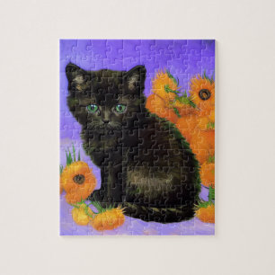 Van Gogh Zwart Kitten met Zonnebloemen Legpuzzel