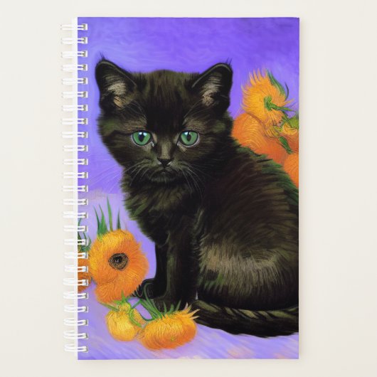 Van Gogh Zwart Kitten met Zonnebloemen Planner (Voorkant)