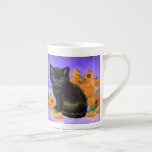 Van Gogh Zwart Kitten met Zonnebloemen Porselein Kop