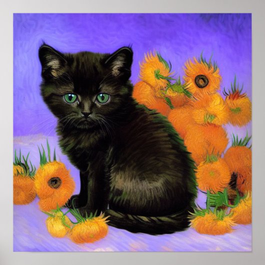 Van Gogh Zwart Kitten met Zonnebloemen Poster (Voorkant)