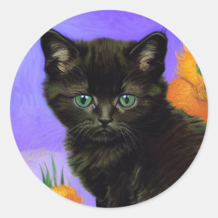 Van Gogh Zwart Kitten met Zonnebloemen Ronde Sticker