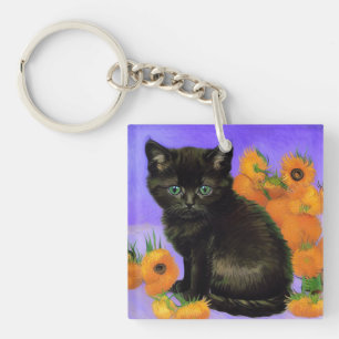 Van Gogh Zwart Kitten met Zonnebloemen Sleutelhanger