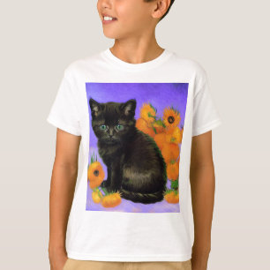Van Gogh Zwart Kitten met Zonnebloemen T-shirt