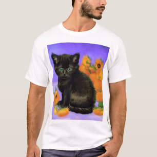 Van Gogh Zwart Kitten met Zonnebloemen T-shirt