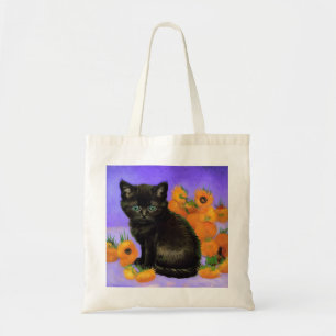 Van Gogh Zwart Kitten met Zonnebloemen Tote Bag