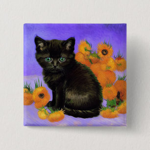 Van Gogh Zwart Kitten met Zonnebloemen Vierkante Button 5,1 Cm