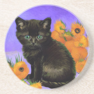 Van Gogh Zwart Kitten met Zonnebloemen Zandsteen Onderzetter