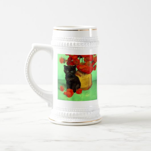 Van Gogh Zwart Kitten Rood Bloemen Bierpul (Links)
