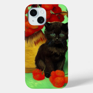 Van Gogh Zwart Kitten Rood Bloemen iPhone 15 Case