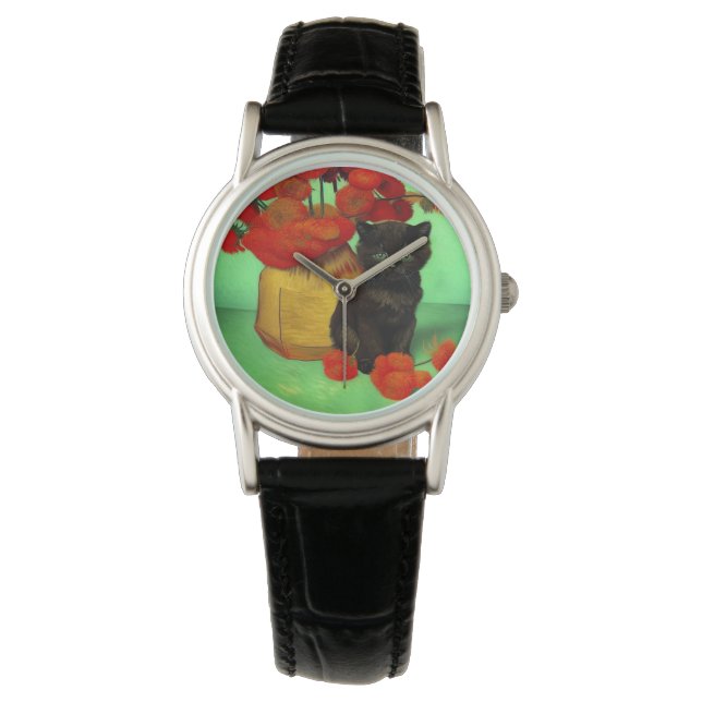 Van Gogh Zwart Kitten Rood Bloemen Horloge (Voorkant)