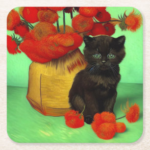 Van Gogh Zwart Kitten Rood Bloemen Kartonnen Onderzetters