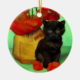 Van Gogh Zwart Kitten Rood Bloemen Keramisch Ornament
