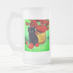 Van Gogh Zwart Kitten Rood Bloemen Matglas Bierpul