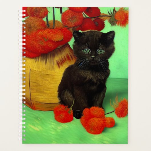 Van Gogh Zwart Kitten Rood Bloemen Planner (Voorkant)