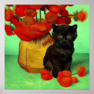 Van Gogh Zwart Kitten Rood Bloemen Poster