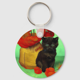Van Gogh Zwart Kitten Rood Bloemen Sleutelhanger