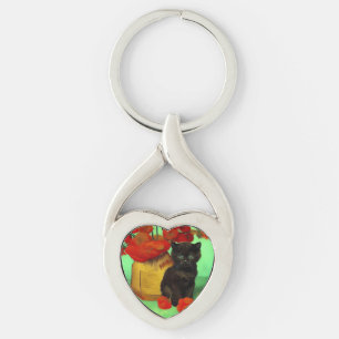Van Gogh Zwart Kitten Rood Bloemen Sleutelhanger