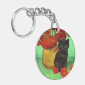 Van Gogh Zwart Kitten Rood Bloemen Sleutelhanger (Voorkant Links)