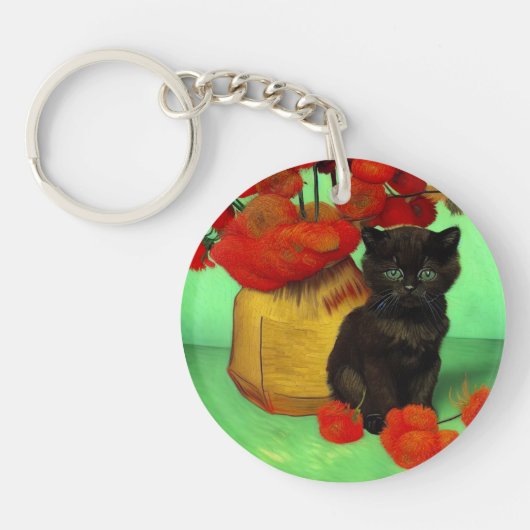 Van Gogh Zwart Kitten Rood Bloemen Sleutelhanger (Voorkant)