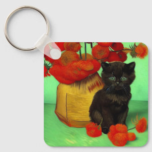 Van Gogh Zwart Kitten Rood Bloemen Sleutelhanger