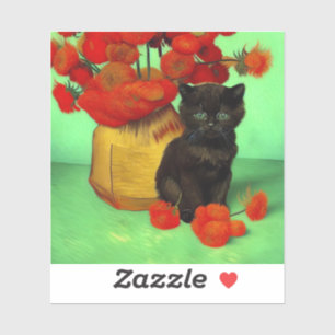 Van Gogh Zwart Kitten Rood Bloemen Sticker