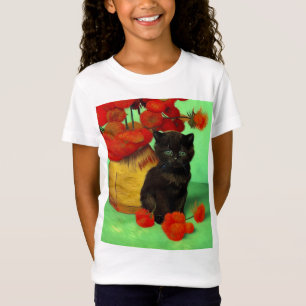 Van Gogh Zwart Kitten Rood Bloemen T-shirt