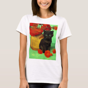 Van Gogh Zwart Kitten Rood Bloemen T-shirt